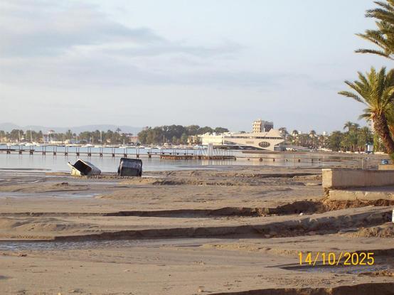 Image of the beach shore, you can see the effects of pouring rain that displaced lots of sand, and more trash containers.
