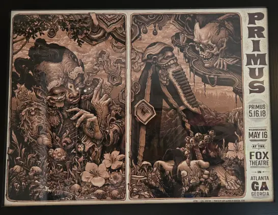 This is a promotional poster, likely for a concert, rendered in a highly detailed, monochromatic style resembling woodcut or engraving. The poster is divided into two vertical sections with intricate and swirling designs. The left section depicts a character with a large head and flowing robes, surrounded by plant life and small, whimsical creatures. The right section showcases a similar character with long limbs and an elongated head, wearing a suit and holding what appears to be a staff or cane.

On the left side, the character has wide eyes and a complex headdress, with hands outstretched towards the surrounding flora. The plants include various flowers and vines, and small, insect-like figures are scattered throughout. The right character has a prominent nose and sharp features, and is positioned with one leg bent and the other extended. Both characters are rendered with a dense network of lines, creating a sense of depth and texture. 

Along the right edge of the poster, text is visible: "PRIMUS", "5.16.18", "WEDNESDAY, MAY 16", "AT THE", "FOX THEATRE", "IN", "ATLANTA", "GA", "GEORGIA". At the very bottom, a small line of text reads “ADCO-K. HICKEY PRINTED IN HOUSTON, TEXAS”