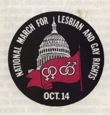 Logo for the march with a white image of the white house, on a black background, with a pink flag in the foreground depicting to interlocked female symbols and 2 interlocked male symbols. Reads: National March of Lesbian and Gay rights. Oct 14.