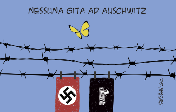 Nessuna gita ad Auschwitz.
filo spinato con attaccate bandiere nazista e fascista e sopra vola una farfalla gialla.