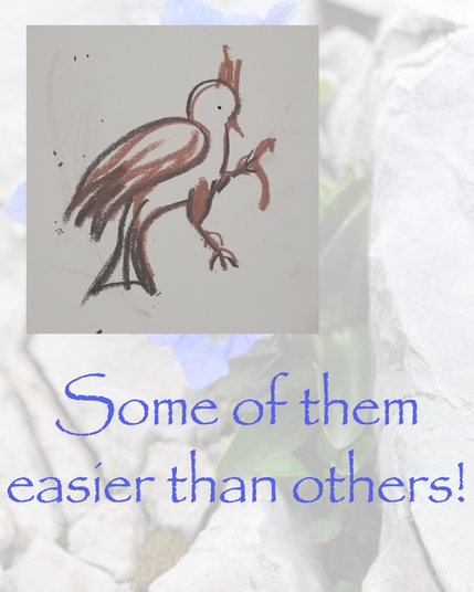 Text in blue reads "Some of them easier than others!"
Background is a pale photo of some gentians in a cleft in some rock.
Picture is of a rather serious medieval inspired bird attacking a worm, drawn using brownish chalks.