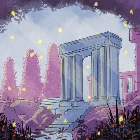 Album cover illustration   featuring a clearing in an enchanted forest coloured with purple and blue hues. The ruins of an archway is standing over a small swamp surrounded by stylized vegetation ans many small specs of yellow light are scattered though out.  The title reads “Le Bosquet” by Philomene Gatien.