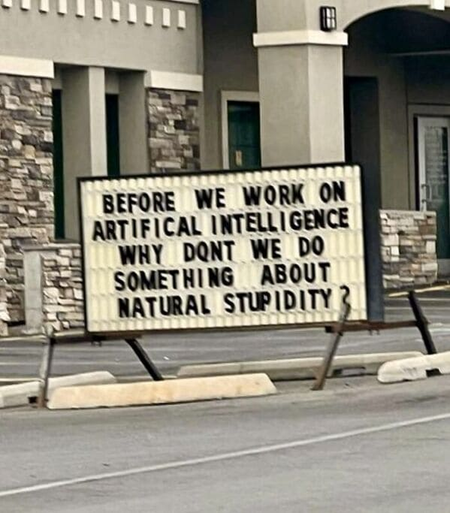 a billboard that says, "before we work on AI maybe we should do something about natural stupidity"