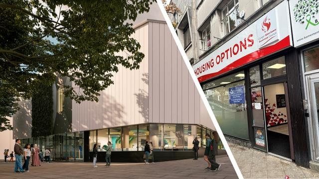 Montage showing CGI of Y Storfa hub and photo of Swansea Council’s Housing Options office on High Street.
