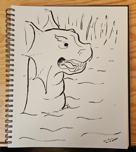 Ink drawing of a fairytale water serpent in a river.