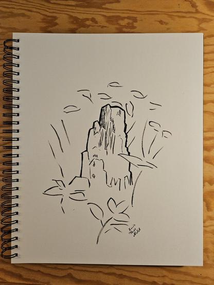 Black ink drawing of a decaying stump of wood.