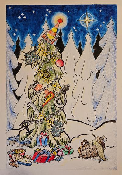 Ängsull the troll sitting in the snow, admiring the Christmas tree she's decorated with her own gold and diamonds as well as stuff she's found along the nearby road - like traffic signs, hubcaps etc. Christmas food and gifts are put at the foot of the tree.