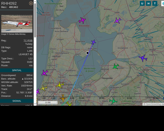 #RHH092: Redstar Aviation (#Bombardier LJ45, registration: TC-RSB)
Route: No route available
Min. distance: 0.6nm away @ 30075 ft
Heading: NE @ 490.7kts
Time: 17:37:54
 #UpInTheClouds #FlyingFast #adsb #Venhuizen