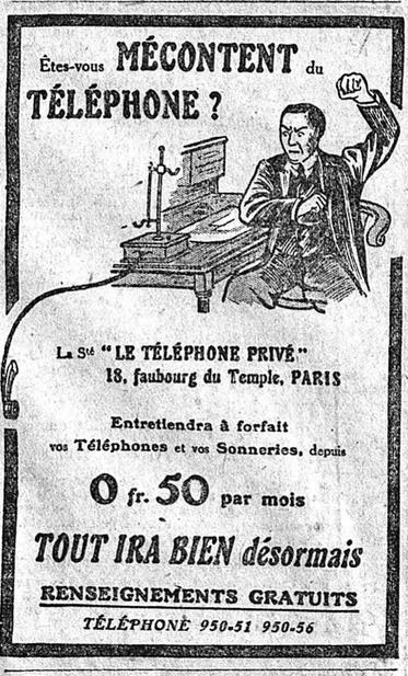 Vieille pub vintage"le téléphone privé" : "êtes-vous mécontent du téléphone ? "Le téléphone privé" entretiendra à forfait os téléphones et vos sonneries, tout ira bien désormais"