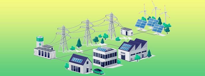 Illustration of solar panels on the rooftops of homes and businesses and batteries feeding clean power to the electric grid.