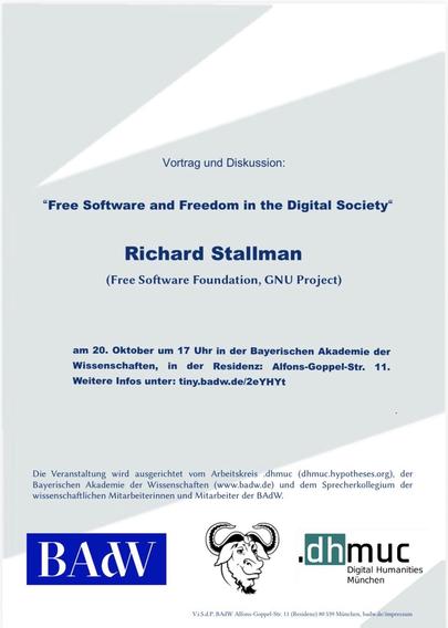 An event flyer for a presentation and discussion titled "Free Software and Freedom in the Digital Society" by Richard Stallman from the Free Software Foundation. The event is scheduled for October 20 at 5 PM at the Bavarian Academy of Sciences, Munich