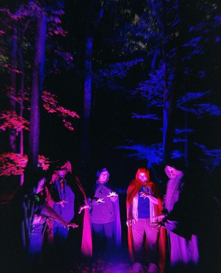 Five hooded figures standing in a semicircle, their hands hovering over an unseen purple light source, with tall trees behind them.