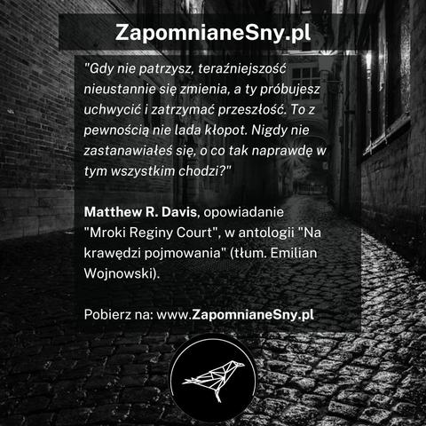 Cytat: Gdy nie patrzysz, teraźniejszość nieustannie się zmienia, a ty próbujesz uchwycić i zatrzymać przeszłość. To z pewnością nie lada kłopot. Nigdy nie zastanawiałeś się, o co tak naprawdę w
tym wszystkim chodzi? Pobierz na zapomnianesny.pl. W tle czarno-białe zdjęcie starego miasta z brukowaną ulicą.