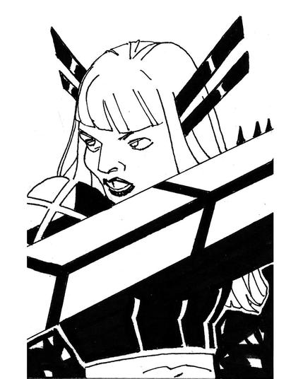 Dibujo de Magik, apuntando su enorme espada fuera de plano.