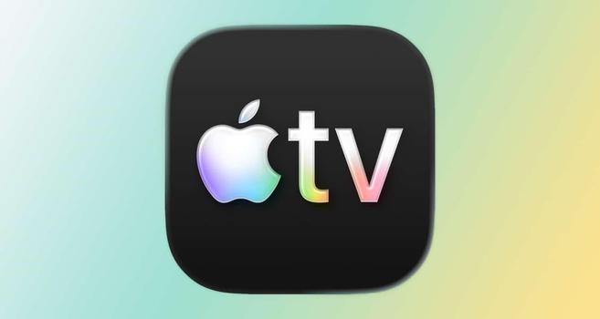 Schwarzes Apple TV-Icon mit kleinem Farbverlauf vor einem grün-gelben Hintergrund.