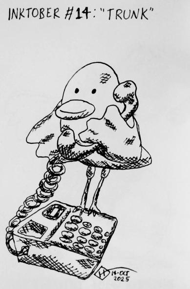 A pigeon perches on the edge of a desk phone, holding up the handset up to its head, as it smiles.