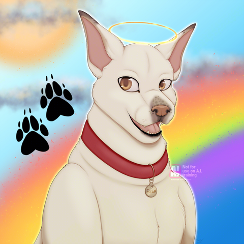 A digital, stylized portrait of a white pitbull mix.
In loving memory of Bear.