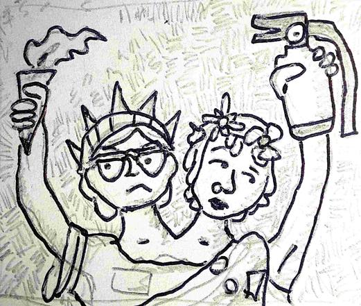 Gribouillis d'une allégorie bicéphale de la liberté et de la responsabilité.