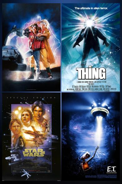 4 film posters created by Drew Struzan, clockwise from the top left:

Back to the Future 2
The Thing
Star Wars
E.T. the extra terrestrial.