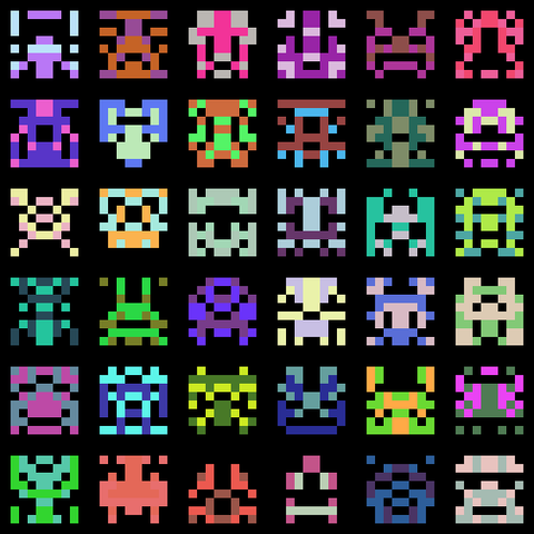a 6x6 grid of multicolored 8x8 pixel aliens a la space invaders