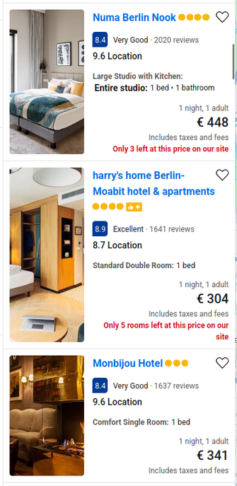 Screenshot von Hotelpreisen. Links Bilder der Zimmer von 3 Hotels, rechts Namen der Hotels, Bewertung und Preis: 448, 304 und 341 EUR