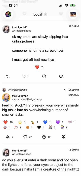 screenshot of a local timeline with posts that have emoji reactions