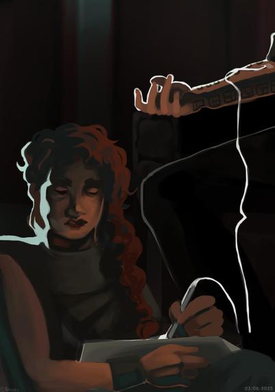 Coloured portrait of a female character with red hair writing on a scroll