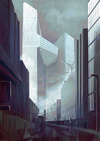 Fullcolor architecture digital painting of a pearly white building under the rain