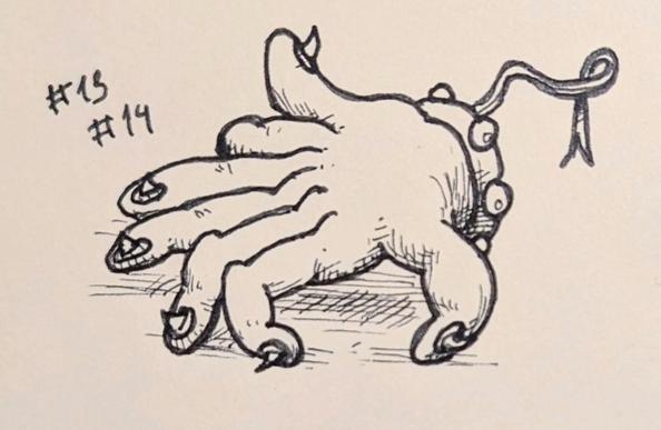 An ink pen drawing of a hand artifact with too many fingers / Tuschezeichnung eines Falsche-Hand-Artifakts mit zu vielen Fingern