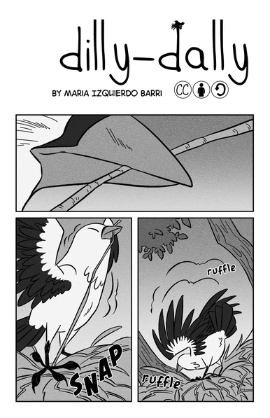 First page of María Izquierdo Barri's 'Dilly Dally'. A bird is building a nest.