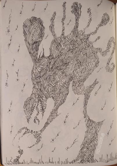 Black Fineliner on paper

A big monster with bubbly shapes growing out of its back, long legs, a tail, sharp teeth, a twisted tongue and a big hoove. It is reaching out its claw towards a rat that's holding a bomb up to it. Some things flying around in the background.
