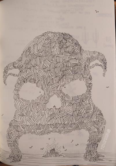 Black Fineliner on paper

A skull shaped monster with dog ears and little bulky dog legs standing above a turd. Flys in the air.