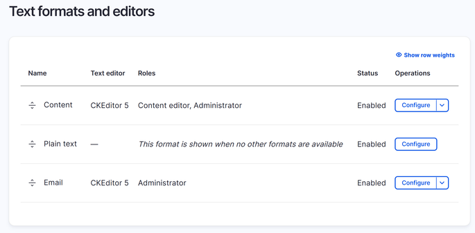 Drupal CMS text formats and editors admin page, showing three items: Content, Plain text, and Email.