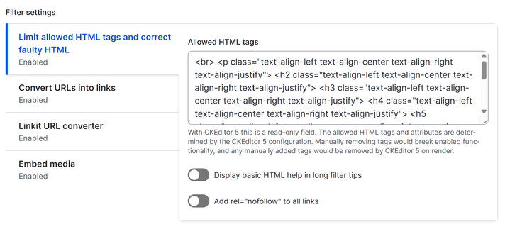 Screenshot of the configuration page for the content text format, showing the "Limit allowed HTML tags and correct faulty HTML" filter is enabled, and only allows some basic tags like headings, linebreaks, and drupal media.