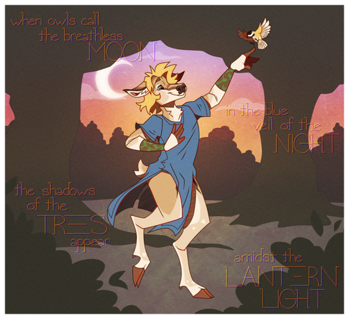 Kuna the sereva (deer, basically) is dancing around in a tranquil area of a forest with a perched on his finger. Words from the song "Mummers Dance" by Loreena McKennit surround him, being the inspiration for the picture.