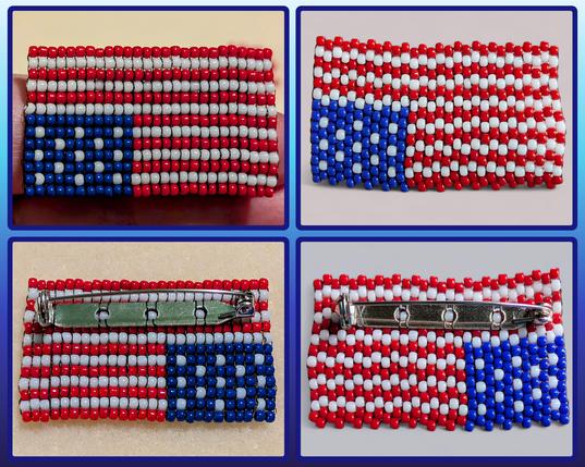 A collage with front and back photos of both styles of beaded distress flag pins.