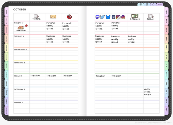 Weekly spread with 8 columns, 1st row has text that has writing with a computer, a letter, the Pinterest logo, the mastodon, twitter, and bluesky logos, facebook, threads, and instagram logos, affiliate in text with a money icon, and projects with a computer.  2nd row has Monday 13th under writing there is nothing, personal weekly all across the social media platforms, and blank in other 2 areas  3rd row has Tuesday 14th and business weekly  4th row has Wednesday 15th has none  5th row has Thursday 16th  6th row has friday 17th and playing stupid in all 4 columns   In the 7th has Saturday 18th and there is weekly spread images  finally in the 8th row has Sunday 19th and there is nothing
