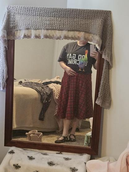 Me, in the mirror. I'm wearing a mid length red tartan skirt and a navy tshirt with a rainbow coloured goose on it. The tshirt says:
DO GAY
BE CRIME