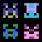 a 2x2 grid of multicolored 6x6 pixel aliens a la space invaders