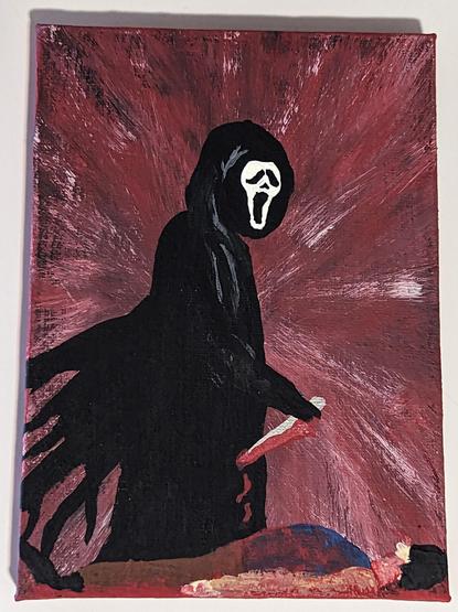 5x7 painting I did of Ghostface with a knife in their hand standing over the body of Dewey with a burgundy background with white streaks.