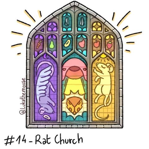 Drawing of a stained glass with rats. At the bottom is 3 large glass panels: the middle is a sputnik rat hide with a glow highlighting a cheese piece. On the left is a rat with wings and a halo on a purple background. On the right a rat on it's side on an orange background. On top of the 3 glass panels are various snacks on smaller glass panels: a carrot, a pear, a cheerio, a yogi, an apple, a strawberry and 2 sunflower seeds.