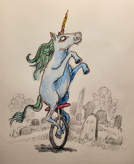 A pencil and watercolor and ink sketchbook drawing of a unicorn riding a unicycle past a graveyard. You can tell the unicorn is undead because it is blue with a pale eye. Mane and tail are blue-green, and the horn is pink to orange.