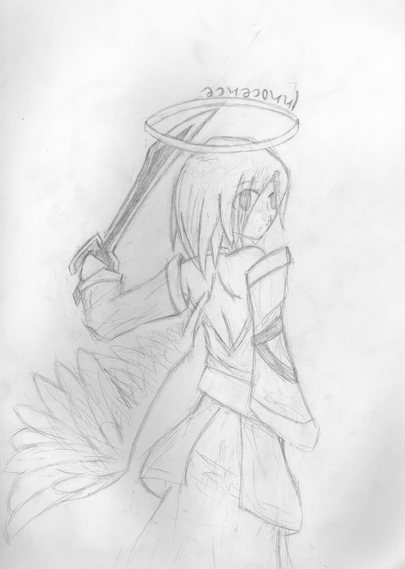Scan of a drawing of an angel from the back, with one upside down wing. She is holding a sword and seems to have blood on her cheek, Her expression is blank. Above her halo it says "innocence" upside down.