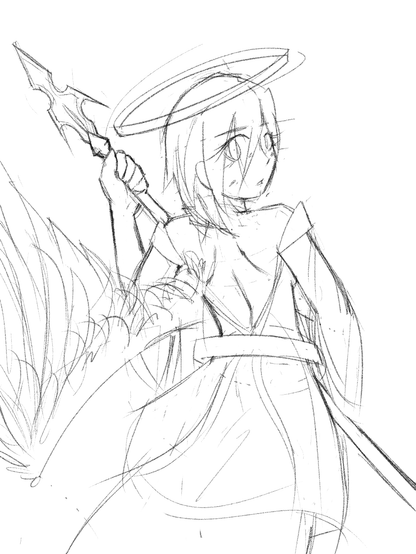 A digital reimagining of the previous image. The angel now has more detail and is holding a spear. Her expression seems even more dangerous.