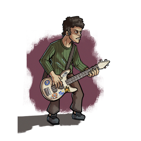 Jorge Gonzalez del grupo de rock chileno Los Prisioneros tocando bajo como se vio en la presentación de dicho grupo el año 2003 en el Festival Internacional de la Canción de Viña del Mar.