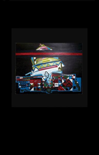 Abstract painting featuring geometric shapes and bold colors on a dark background. The lower part of the artwork contains a mix of triangles, rectangles, and zigzag patterns in red, blue, white, and green, while the upper portion shows layered angular forms in yellow, blue, and pink above a horizontal red line. The overall composition creates a sense of dynamic movement and contrast.