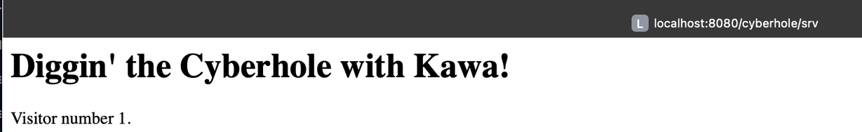 http://localhost:8080/cyberhole/srv
Diggin' the Cyberhole with Kawa!
Visitor number 1.