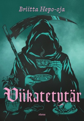 Viikatetyttären kannessa on piirros hupulliseen viittaan pukeutuneesta kasvottomasta viikatemiehestä kahvipöydässä juomassa kahvia koristeellisesta kahvikupista.