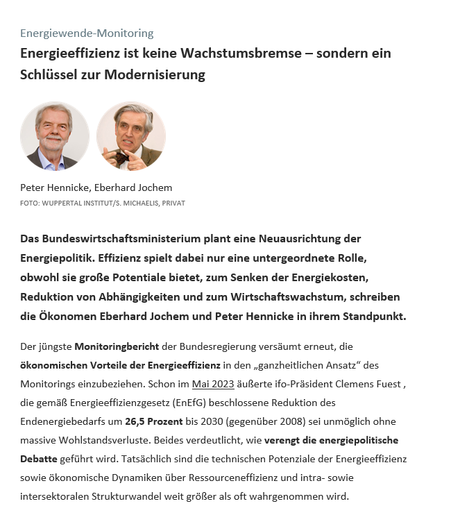 Screenshot eines Absatzes des Standpunkts aus dem Background Tagesspiegel Klima+Energie vom 15.10.25 mit der Überschrift: "Energieeffizienz ist keine Wachstumsbremse - sondern ein Schlüssel zur Modernisierung". Dazu die Portraitfotos der Autoren Peter Hennicke und Eberhard Jochem.