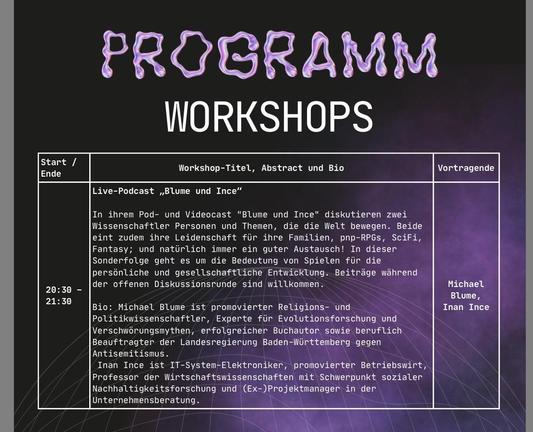 Workshop-Ankündigung von „Blume & Ince“ am 31. Oktober 2025 bei der Game Night der Uni Stuttgart.